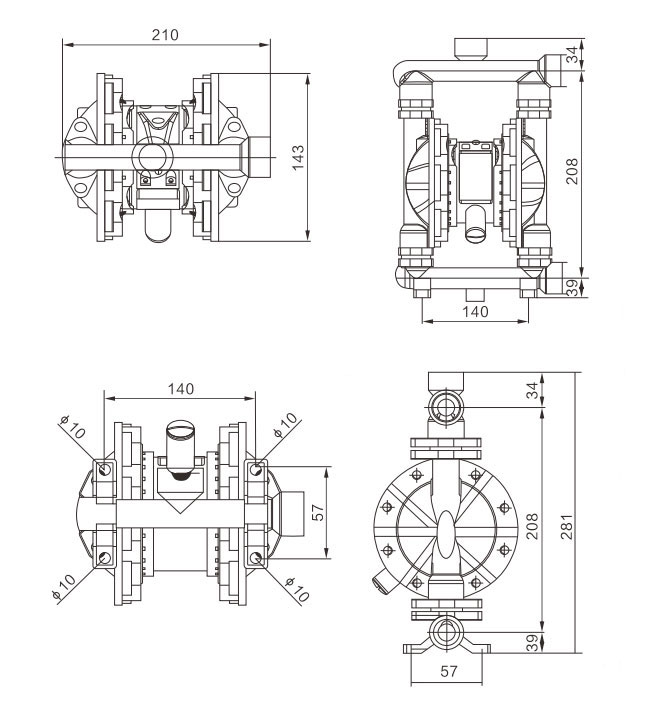 1/2 inch Air Operated Diaphragm Pump 5 gpm Dimension Drawing