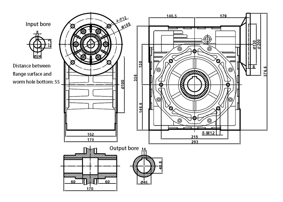 ATO 130mm worm gear reducer outline dimensional drawing