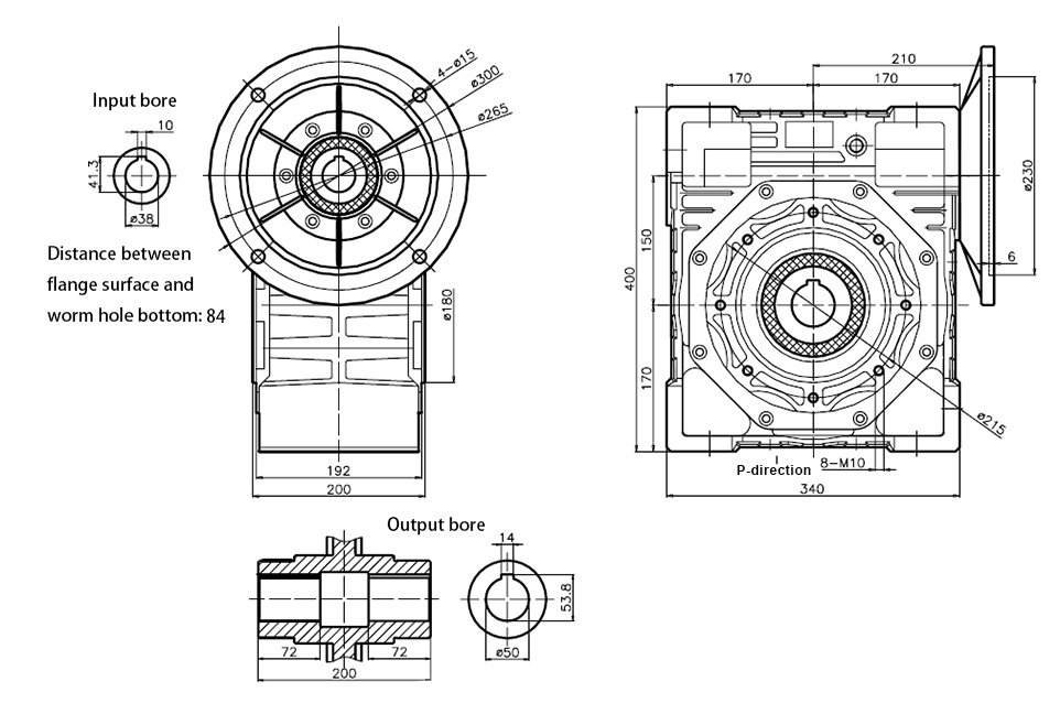 ATO 150mm worm gear reducer outline dimensional drawing