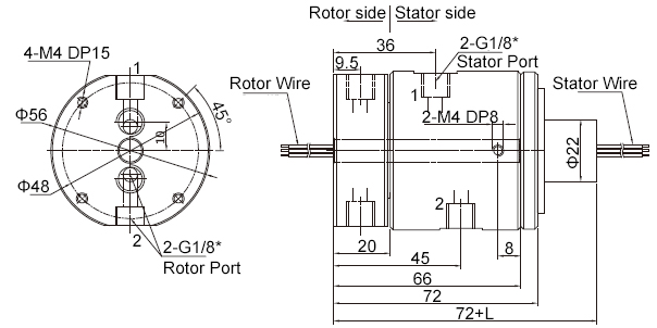 2-Passage Pneumatic/Electrical Rotary Joint, 6~56-Wire 2A Signal Dimension Drawing