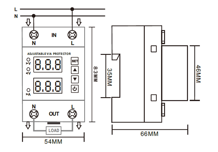 2 Pole digital overvoltage and undervoltage protector dimension