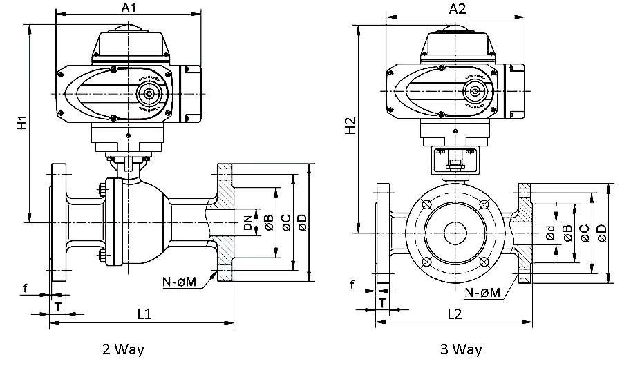 2 way / 3 way stainless steel flanged type electric ball valve dimension