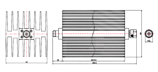 50dB 200W RF fixed coaxial attenuator dimension