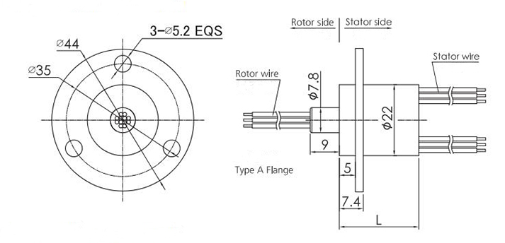 22mm Miniature Slip Ring Connector (Type A Flange) Dimension Drawing