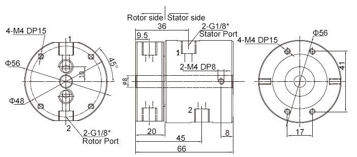 2-Passage Pneumatic/Electrical Rotary Joint Dimension Drawing
