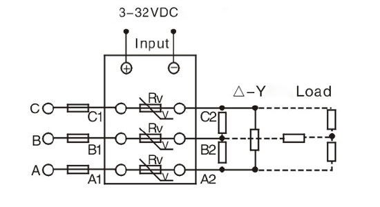 3-phase 3-32V DC to AC SSR Wiring Diagram