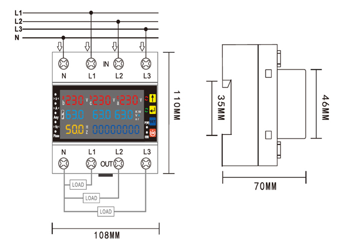 4 Pole digital overvoltage and undervoltage protector dimension