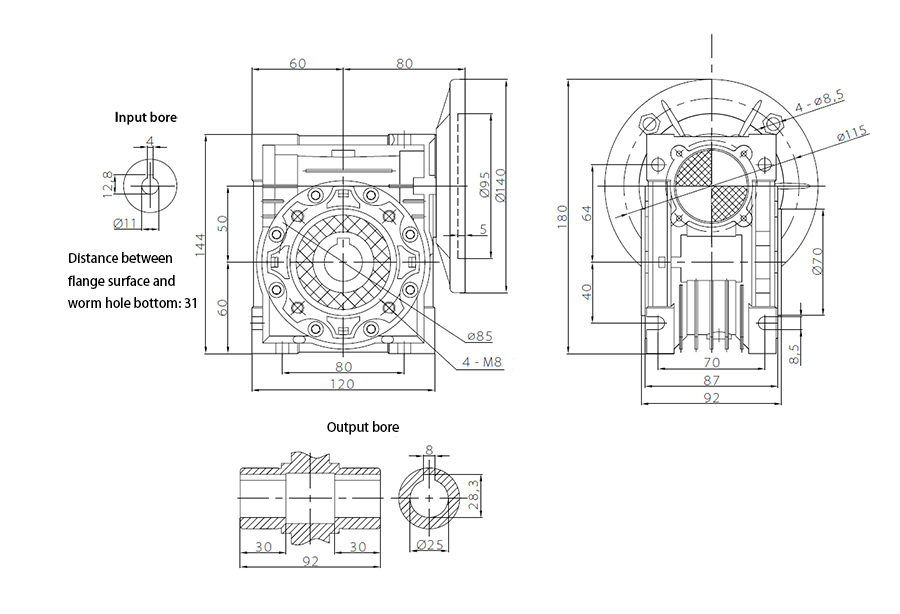 50mm worm gear reducer outline dimensional drawing