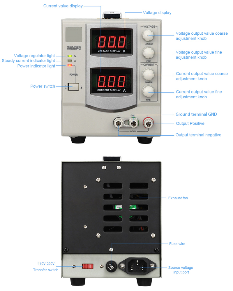 2A 120V variable linear DC power supply detail