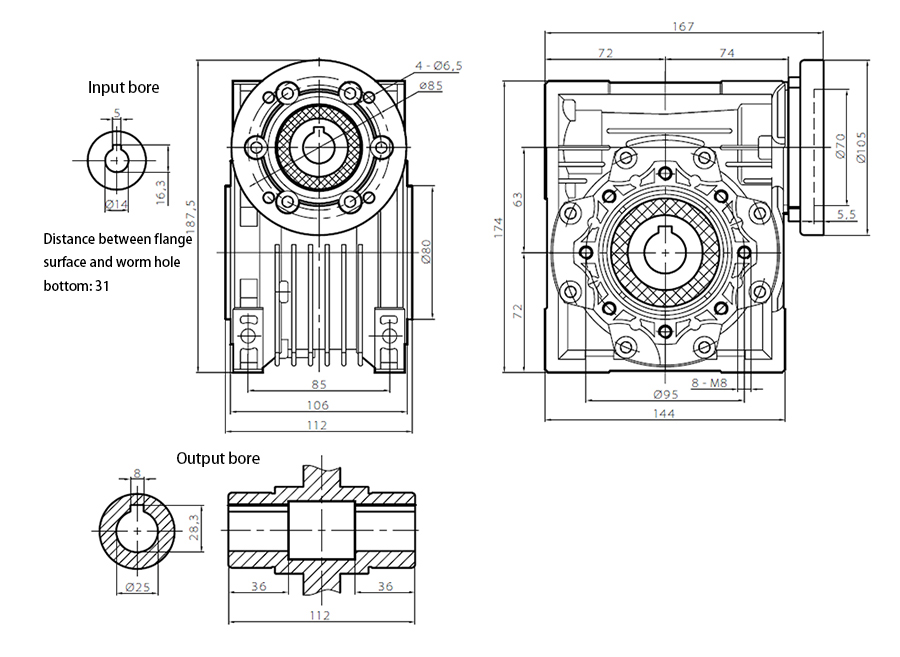 ATO 63mm worm gear reducer outline dimensional drawing