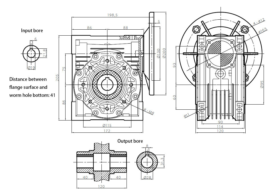 ATO 75mm worm gear reducer outline dimensional drawing