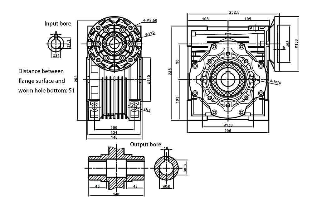 ATO 90mm worm gear reducer outline dimensional drawing