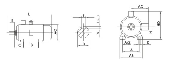 Three-phase AC induction motor dimensions