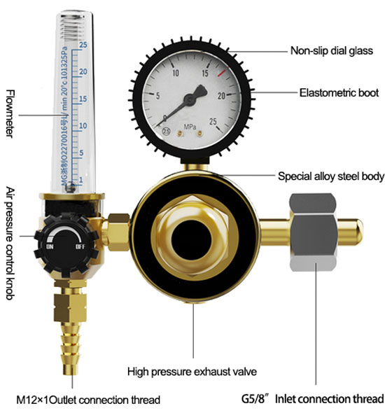 argon  regulator with flow meter detail