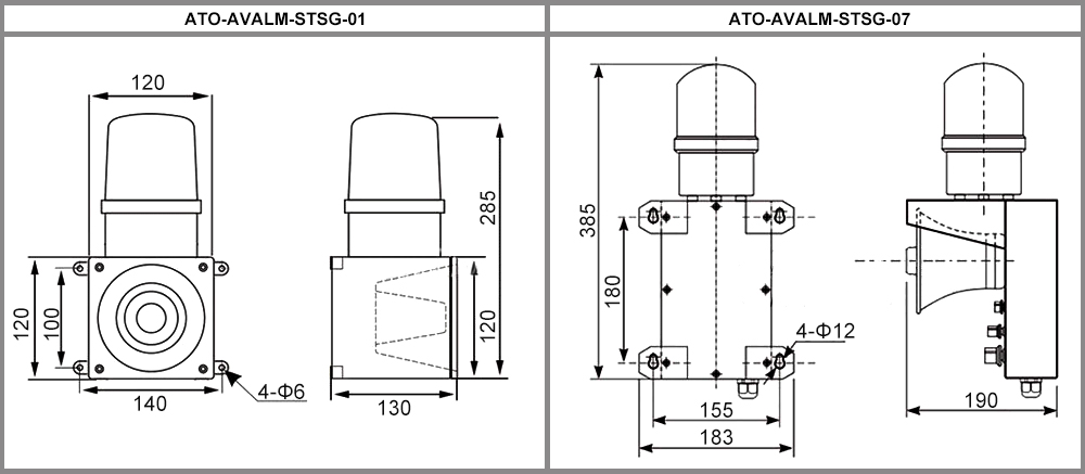 100-120dB AC 380V/220V DC 24V/12V audible and visual alarm dimension