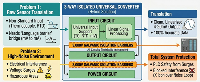 3-way isolated signal converter diagram showing translation and PLC protection.