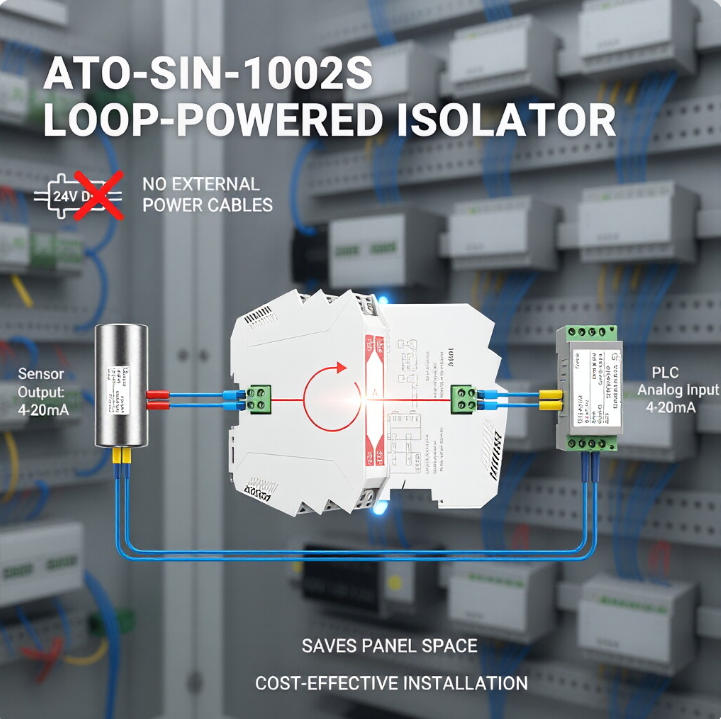 Analog signal isolator specifications table: input 4-20 mA, output 0-10 V/0-20 mA, accuracy 0.1%FS, response ≤ 2 ms, isolation 1500 V AC, loop-powered. Solves signal mismatch and noise issues for PLC/DCS.