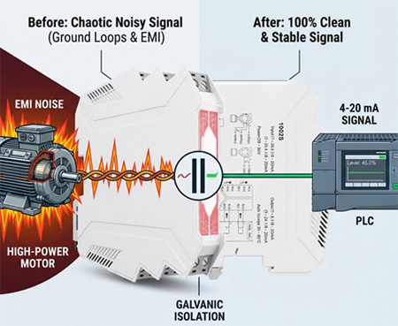 ATO-SIGNI-1002S signal isolator protects industrial PLC from motor EMI noise.