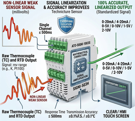 ATO-SIGNI-503H: Linearizes thermocouple & RTD signals for accurate PLC monitoring.