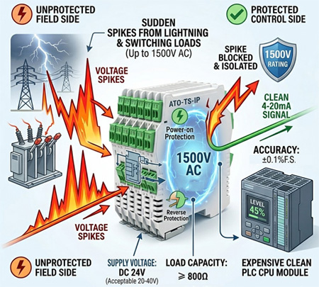 ATO-SIGNI-502H signal isolator with 1500V AC isolation and 0.1% accuracy for industrial PLC safety.