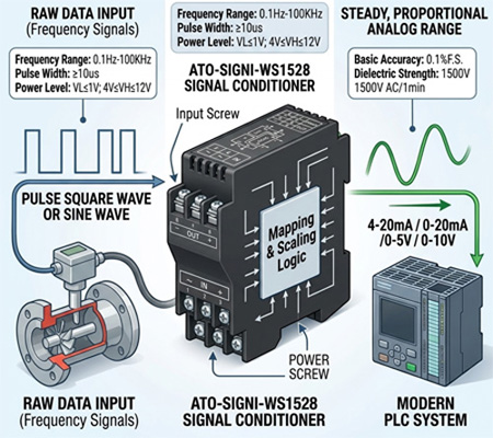 ATO-SIGNI-WS1528 signal conditioner scales raw frequency pulses into proportional 4-20mA analog data for industrial PLCs.
