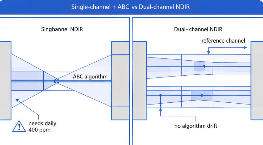 Comparing single-channel NDIR vs dual-channel NDIR for CO2 sensor long-term stability.