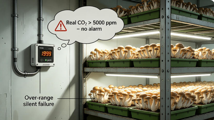 CO2 sensor over-range failure in mushroom growing room leading to crop loss.