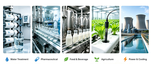 Conductivity sensor applications in water treatment, pharmaceutical, food processing, agriculture, and power industries.
