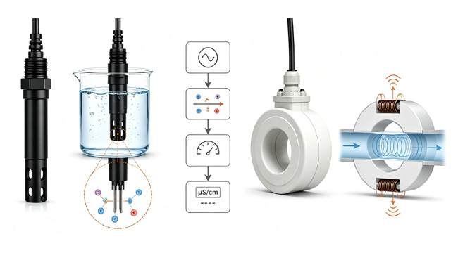 Conductivity sensor working principle diagram showing electrode and inductive measurement methods.