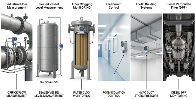 A diagram of six key differential pressure sensor applications.