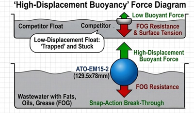 High-displacement float switch buoyancy diagram for wastewater and FOG.
