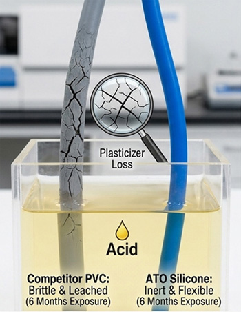 Chemical resistance test: Brittle PVC vs. Flexible ATO Silicone.