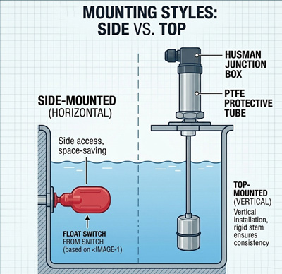 Side vs top mounting styles for industrial float switch installation.