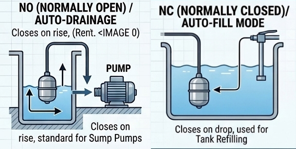 Float switch NO and NC modes for drainage and filling.