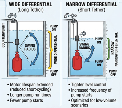 Float switch differential comparison for motor lifespan and level control.