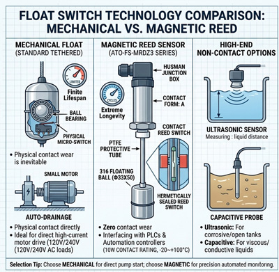 Comparison of mechanical, magnetic reed, and non-contact float switch technologies.