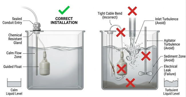 Correct and incorrect installation positions of a float switch inside a chemical tank.