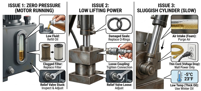 Troubleshooting guide for a hydraulic electric pump.