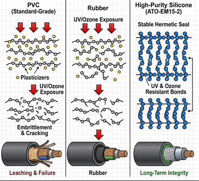 Float switch cable material comparison: Silicone versus PVC and Rubber.