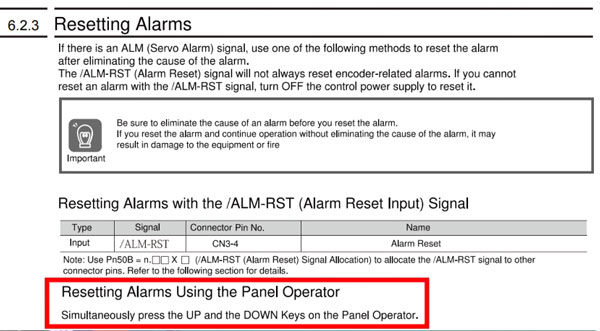 Resetting servo alarms