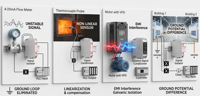 The picture shows four typical signal conditioner and signal isolator application examples.