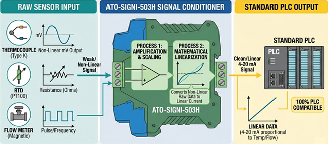 Signal conditioner diagram showing sensor linearization for PLC compatibility.