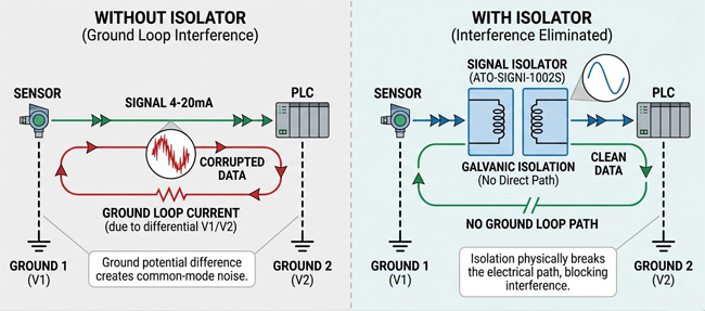 Signal isolator diagram showing ground loop interference elimination