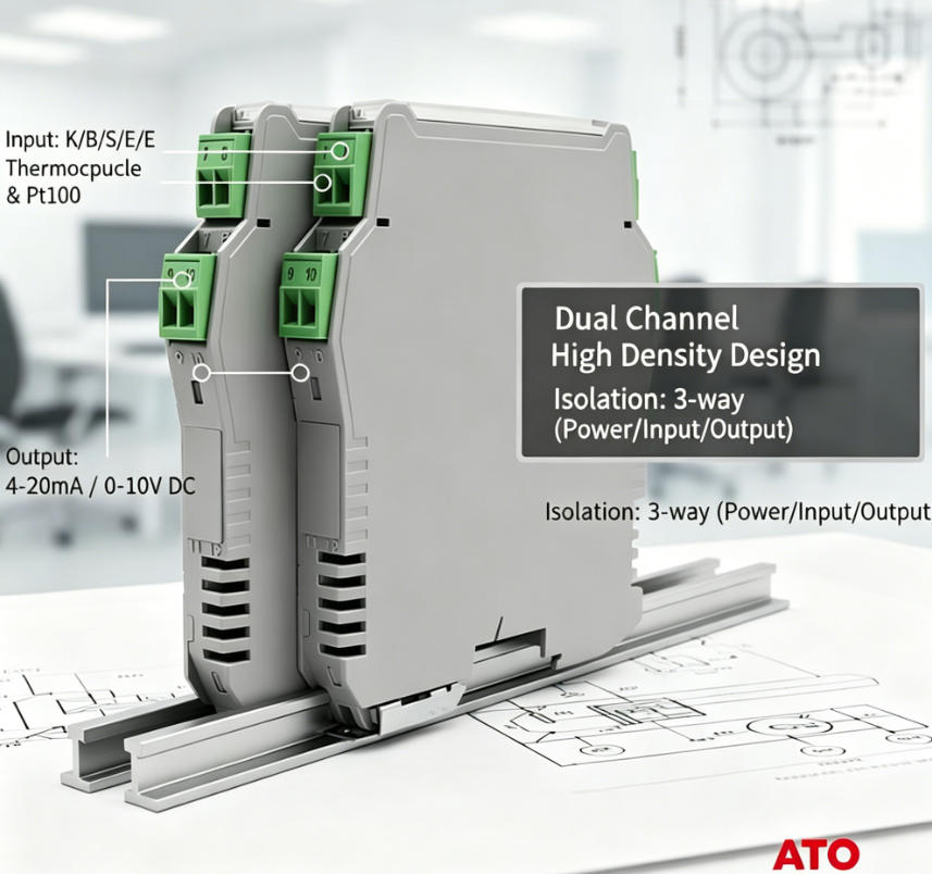 Universal signal isolator input/output specs: thermocouple/RTD to 4-20 mA/0-10 V, 0.1%FS accuracy, 1500 V isolation.