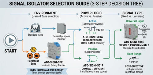3-step signal isolator selection: hazardous (SFX), power, and universal (506E) inputs.