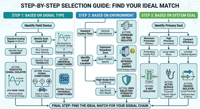 3 step signal module selection guide for isolators and conditioners.