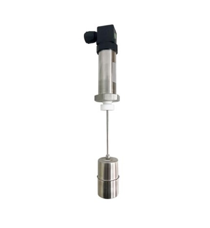 Stainless steel magnetic float switch for high-temperature liquid sensing.