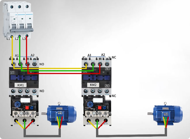 Timed alternating motor control circuit power circuit wirings