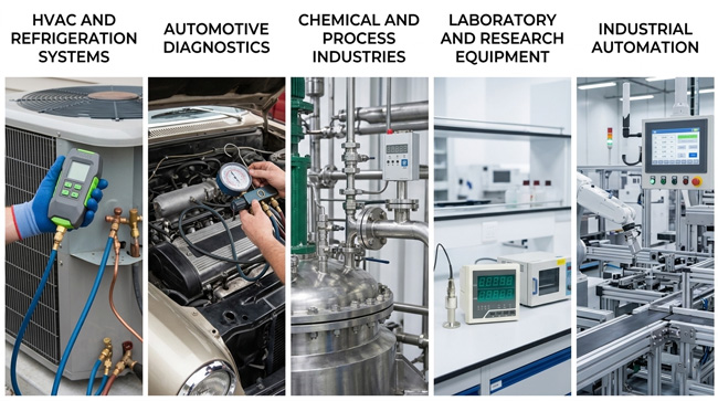 Industrial photo panels showcasing common applications where vacuum gauge are used.