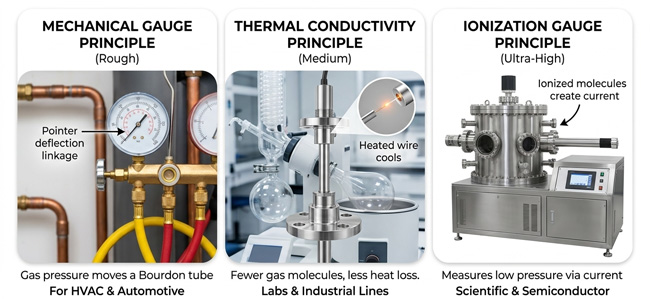 Infographic showing working principles of vacuum gauges.